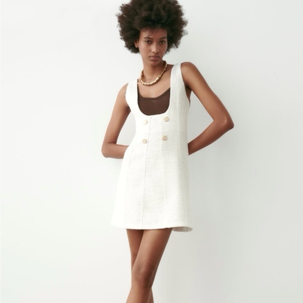 zara textured button pinafore mini dress white